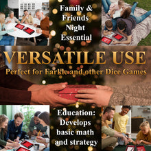 Load image into Gallery viewer, Deluxe Farkle Dice Tray and Storage - Elegant Faux Leather Travel Case with Score Sheets, 2 Sets of Dice, QR Guide & Velvet Lined Rolling Arena for Many Family and Classic Dice Games