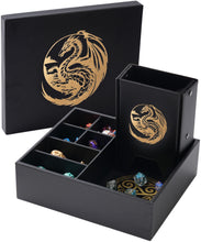 Load image into Gallery viewer, The All-in-One Game Roamer - DND Dice Tray, Large Tower and Storage for Random Rolls (Dragon) Gold