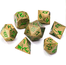 Load image into Gallery viewer, Polyhedral Metal Dice Set for DND - Crack Design (All Variations) Gold and Green Cracks