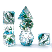Load image into Gallery viewer, Green Moss Resin Dice Set - Unique Green Moss with Blue Shell for DND and Role Playing Games (RPG)