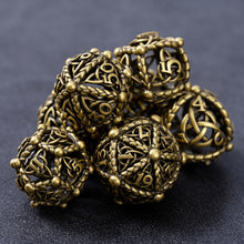 Load image into Gallery viewer, Unique 7-Piece Round Hollow Orb Metal Dice Set - Celtic Knot Design