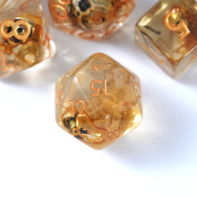 Load image into Gallery viewer, Gold Skull Resin Dice Set - Unique Golden Skull Dice for DND and Role Playing Games (RPG)