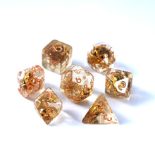 Load image into Gallery viewer, Gold Skull Resin Dice Set - Unique Golden Skull Dice for DND and Role Playing Games (RPG)