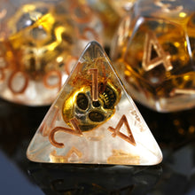 Load image into Gallery viewer, Gold Skull Resin Dice Set - Unique Golden Skull Dice for DND and Role Playing Games (RPG)