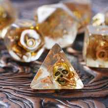 Load image into Gallery viewer, Gold Skull Resin Dice Set - Unique Golden Skull Dice for DND and Role Playing Games (RPG)