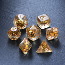 Load image into Gallery viewer, Gold Skull Resin Dice Set - Unique Golden Skull Dice for DND and Role Playing Games (RPG)