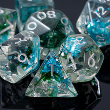 Load image into Gallery viewer, Green Moss Resin Dice Set - Unique Green Moss with Blue Shell for DND and Role Playing Games (RPG)