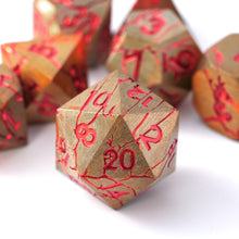 Load image into Gallery viewer, DND Metal Dice - Pharaoh Ruins Gold Metal Dice with Red Cracks
