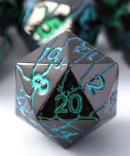 Load image into Gallery viewer, Beautiful Cracked Black Peacock Blue-Green Metal Dice Set