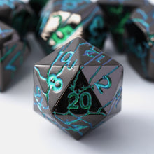Load image into Gallery viewer, Polyhedral Metal Dice Set for DND - Crack Design (All Variations) Black Peacock Blue-Green