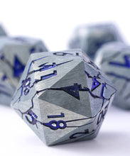Load image into Gallery viewer, DND Metal Dice - Pharaoh Ruins Mattle Silver Metal Dice with Blue Purple Cracks