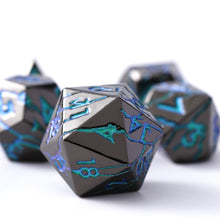 Load image into Gallery viewer, Beautiful Cracked Black Peacock Blue-Green Metal Dice Set