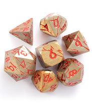 Load image into Gallery viewer, DND Metal Dice - Pharaoh Ruins Gold Metal Dice with Red Cracks