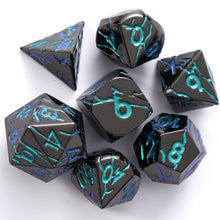 Load image into Gallery viewer, Beautiful Cracked Black Peacock Blue-Green Metal Dice Set