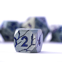 Load image into Gallery viewer, DND Metal Dice - Pharaoh Ruins Mattle Silver Metal Dice with Blue Purple Cracks