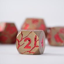 Load image into Gallery viewer, DND Metal Dice - Pharaoh Ruins Gold Metal Dice with Red Cracks