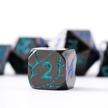 Load image into Gallery viewer, Beautiful Cracked Black Peacock Blue-Green Metal Dice Set