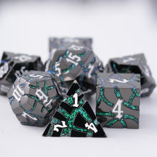 Load image into Gallery viewer, Beautiful Gunmetal Green Glitter Cracks Metal Dice Set