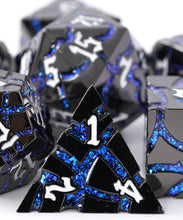 Load image into Gallery viewer, Beautiful Gunmetal Blue Glitter Cracks Metal Dice Set