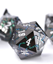 Load image into Gallery viewer, Beautiful Gunmetal Green Glitter Cracks Metal Dice Set