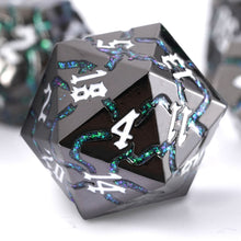 Load image into Gallery viewer, Polyhedral Metal Dice Set for DND - Crack Design (All Variations) Gunmetal Green Glitter