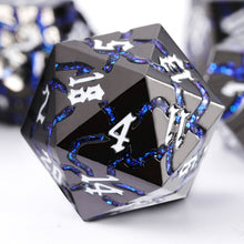 Load image into Gallery viewer, Polyhedral Metal Dice Set for DND - Crack Design (All Variations) Gunmetal Blue Glitter