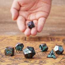 Load image into Gallery viewer, Beautiful Cracked Black Peacock Blue-Green Metal Dice Set