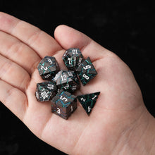 Load image into Gallery viewer, Beautiful Gunmetal Green Glitter Cracks Metal Dice Set