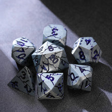 Load image into Gallery viewer, DND Metal Dice - Pharaoh Ruins Mattle Silver Metal Dice with Blue Purple Cracks