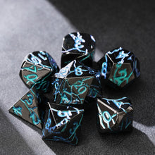 Load image into Gallery viewer, Beautiful Cracked Black Peacock Blue-Green Metal Dice Set