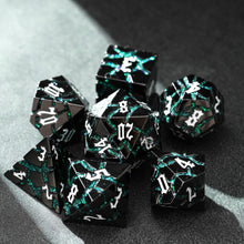 Load image into Gallery viewer, Beautiful Gunmetal Green Glitter Cracks Metal Dice Set