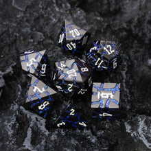 Load image into Gallery viewer, Beautiful Gunmetal Blue Glitter Cracks Metal Dice Set