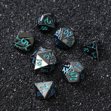 Load image into Gallery viewer, Beautiful Cracked Black Peacock Blue-Green Metal Dice Set