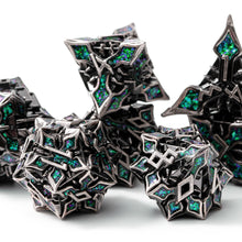 Load image into Gallery viewer, Metal Dice for DND - Spire Sanctum Series - Beautiful Polyhedral 7 Piece Dice Set (Silver Green Glitter)