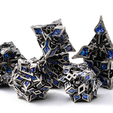 Load image into Gallery viewer, Metal Dice for DND - Spire Sanctum Series - Beautiful Polyhedral 7 Piece Dice Set (Silver Blue Glitter)