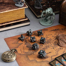 Load image into Gallery viewer, Metal Dice for DND - Spire Sanctum Series - Beautiful Polyhedral 7 Piece Dice Set (Black Matte Green Glitter)