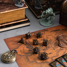 Load image into Gallery viewer, Metal Dice for DND - Spire Sanctum Series - Beautiful Polyhedral 7 Piece Dice Set (Antique Gold Blue Glitter)