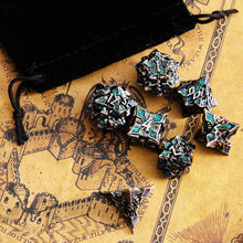 Load image into Gallery viewer, Metal Dice for DND - Spire Sanctum Series - Beautiful Polyhedral 7 Piece Dice Set (Silver Green Glitter)
