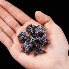 Load image into Gallery viewer, Metal Dice for DND - Spire Sanctum Series - Beautiful Polyhedral 7 Piece Dice Set (Antique Silver Purple Glitter)