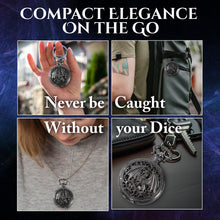 Load image into Gallery viewer, Micro Metal Dice Set for DND - MiniChrono’s Tiny Dice in Hollow Dragon Pocketwatch Case