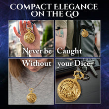 Load image into Gallery viewer, Micro Metal Dice Set for DND - MiniChrono’s Tiny Dice in Hollow Dragon Pocketwatch Case (Gold)