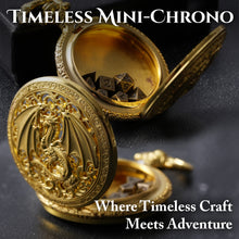 Load image into Gallery viewer, Micro Metal Dice Set for DND - MiniChrono’s Tiny Dice in Hollow Dragon Pocketwatch Case (Gold)