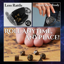 Load image into Gallery viewer, Micro Metal Dice Set for DND - MiniChrono’s Tiny Dice in Hollow Dragon Pocketwatch Case