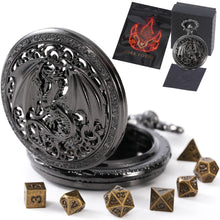 Load image into Gallery viewer, Micro Metal Dice Set for DND - MiniChrono’s Tiny Dice in Hollow Dragon Pocketwatch Case Hollow Black