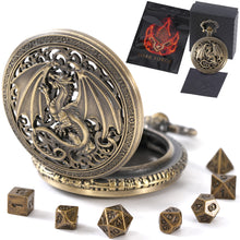 Load image into Gallery viewer, Micro Metal Dice Set for DND - MiniChrono’s Tiny Dice in Hollow Dragon Pocketwatch Case Hollow Bronze