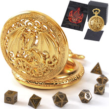 Load image into Gallery viewer, Micro Metal Dice Set for DND - MiniChrono’s Tiny Dice in Hollow Dragon Pocketwatch Case (Gold) Hollow Gold