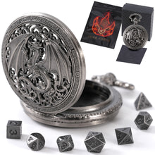 Load image into Gallery viewer, Micro Metal Dice Set for DND - MiniChrono’s Tiny Dice in Hollow Dragon Pocketwatch Case Hollow Gunmetal