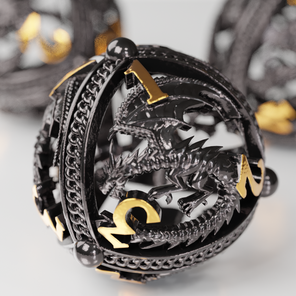 Unique 7-Piece Round Hollow Orb Metal Dice Set - Dragon Design Dragon (Black)