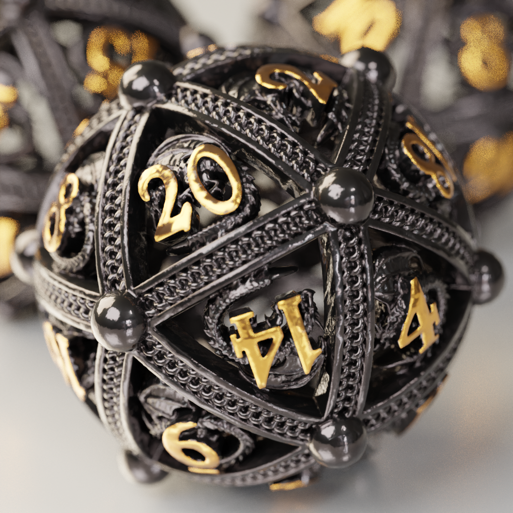 Unique 7-Piece Round Hollow Orb Metal Dice Set - Dragon Design