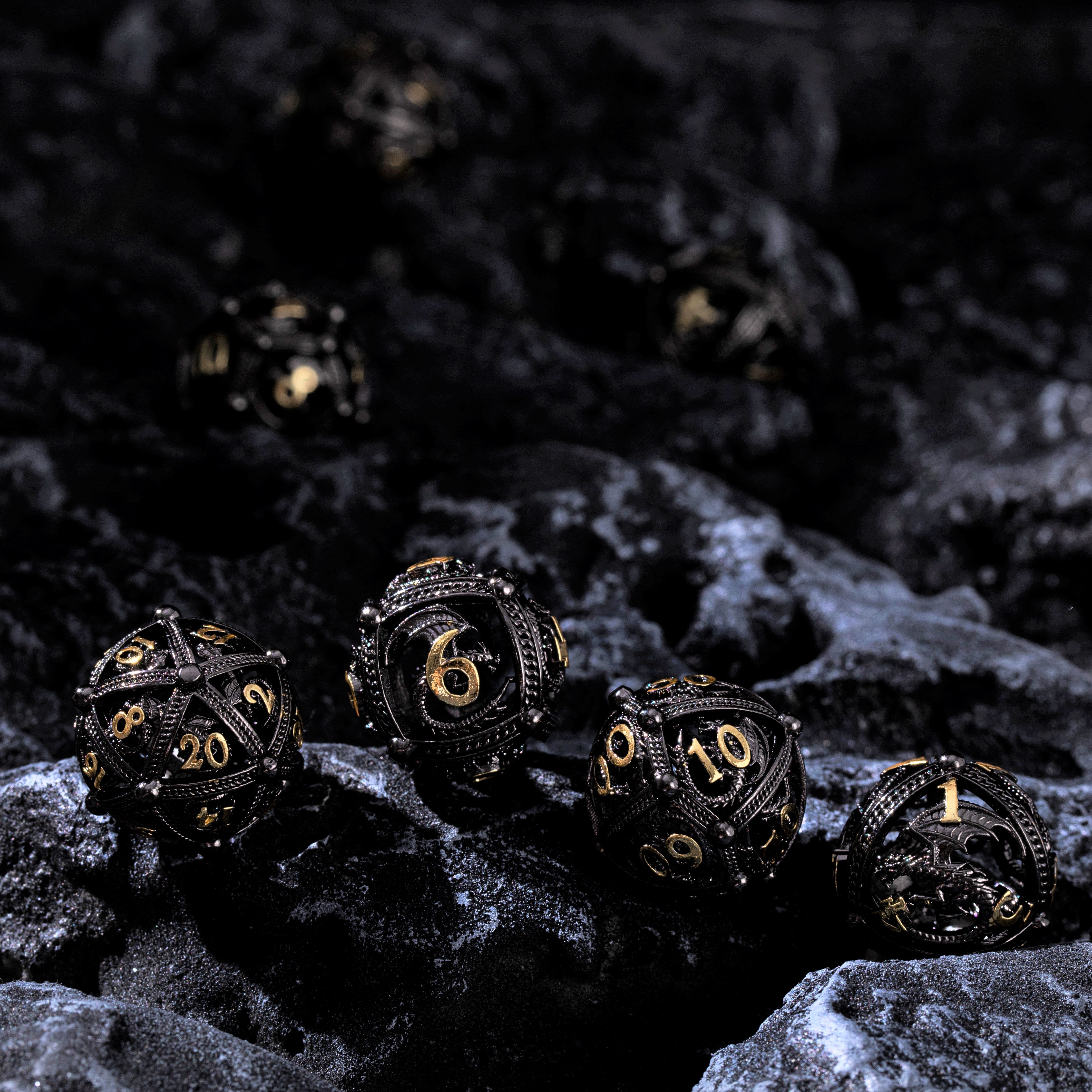Unique 7-Piece Round Hollow Orb Metal Dice Set - Dragon Design